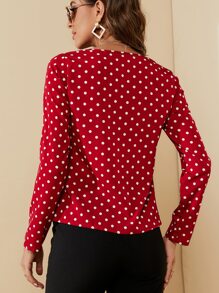 SHEIN Clasi Polka Dot Notched Neck Blouse - Burgundy - View 2