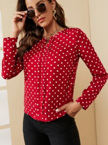 SHEIN Clasi Polka Dot Notched Neck Blouse - Burgundy - View 3
