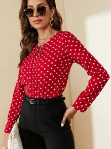 SHEIN Clasi Polka Dot Notched Neck Blouse - Burgundy - View 4