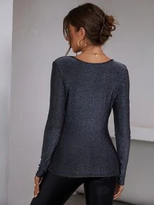 SHEIN Unity Plunge Neck Slim Fit Glitter Tee - Black - View 2