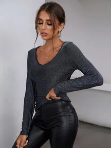 SHEIN Unity Plunge Neck Slim Fit Glitter Tee - Black - View 3