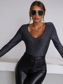 SHEIN Unity Plunge Neck Slim Fit Glitter Tee - Black - View 4