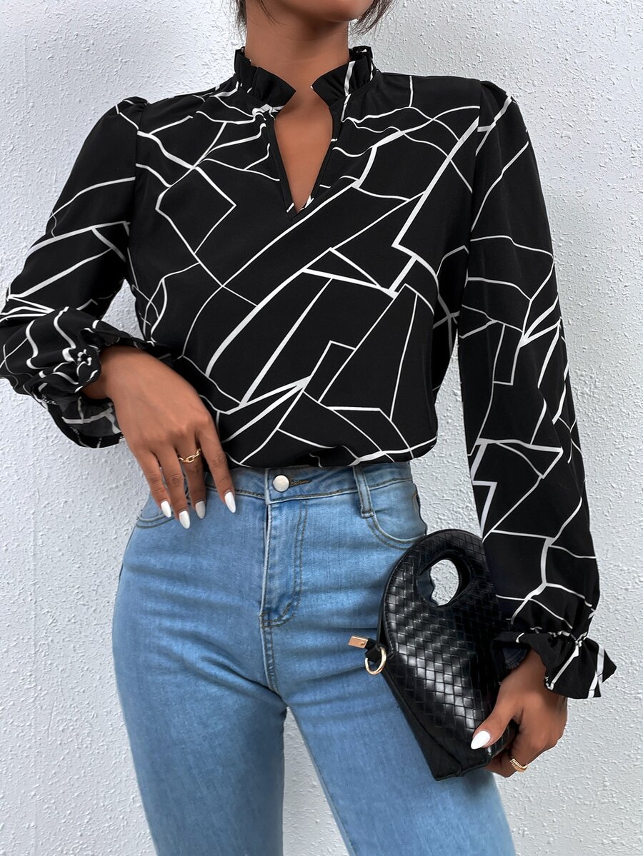幾何印花褶邊荷葉袖襯衫 - 黑與白 - 查看 1