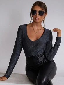 SHEIN Unity Plunge Neck Slim Fit Glitter Tee - Black - View 5