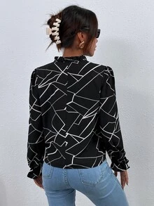 幾何印花褶邊荷葉袖襯衫 - 黑與白 - 查看 2