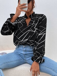 幾何印花褶邊荷葉袖襯衫 - 黑與白 - 查看 3