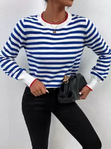 SHEIN Frenchy Stripe Pattern Round Neck Sweater Winter - Blue and White - View 1