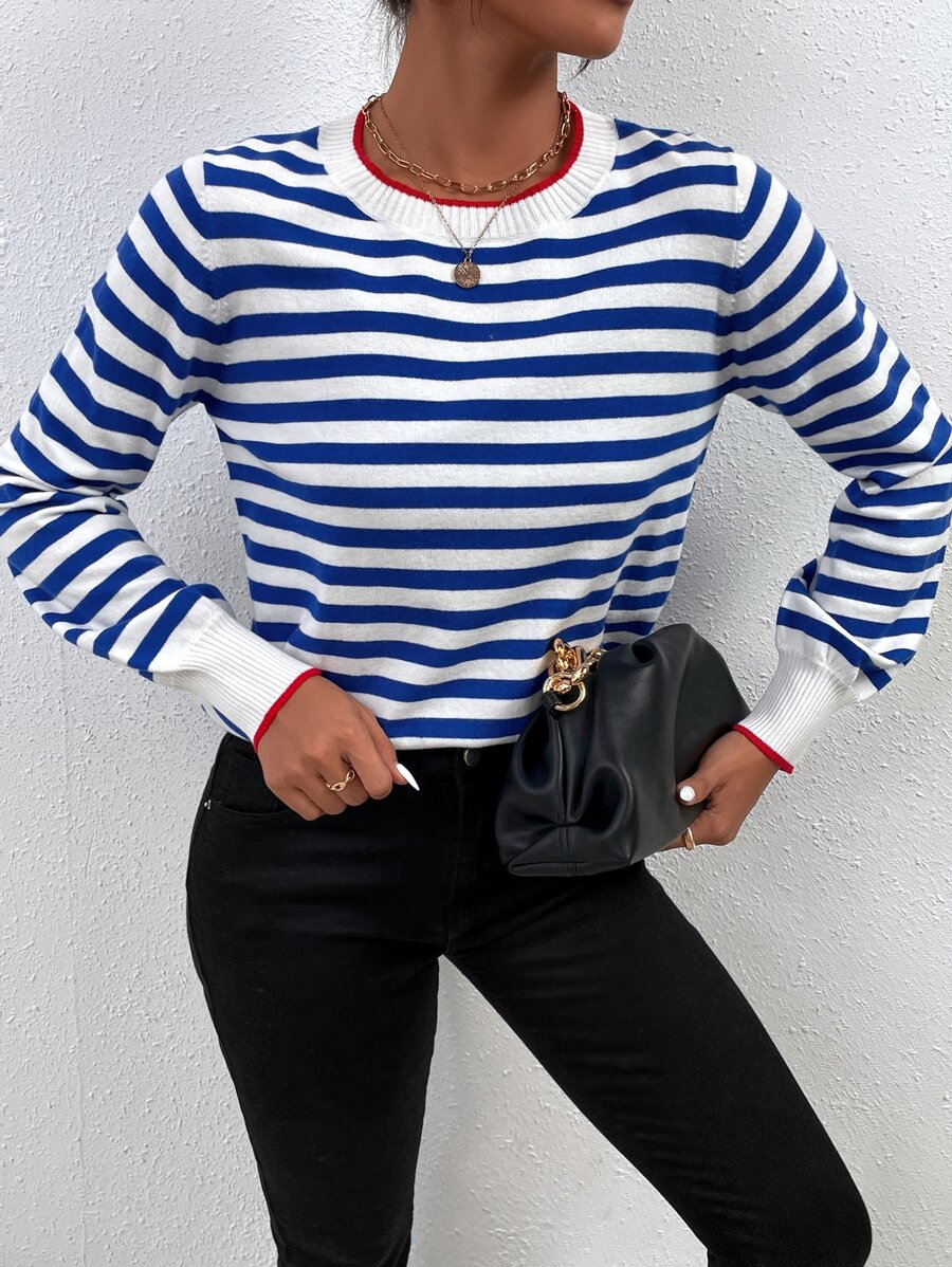 SHEIN Frenchy Stripe Pattern Round Neck Sweater Winter - Blue and White - View 1