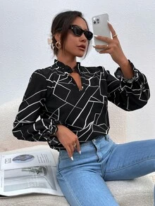 幾何印花褶邊荷葉袖襯衫 - 黑與白 - 查看 4