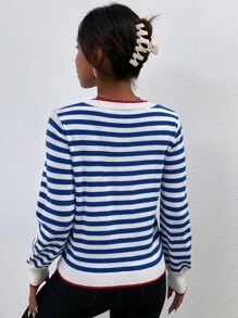 SHEIN Frenchy Stripe Pattern Round Neck Sweater Winter - Blue and White - View 2