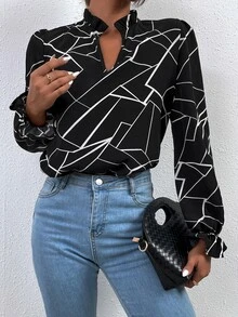 幾何印花褶邊荷葉袖襯衫 - 黑與白 - 查看 5