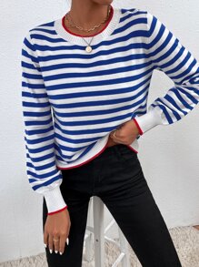 SHEIN Frenchy Stripe Pattern Round Neck Sweater Winter - Blue and White - View 3