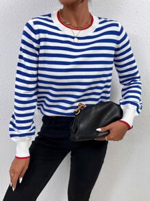 SHEIN Frenchy Stripe Pattern Round Neck Sweater Winter - Blue and White - View 5