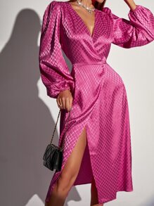 滿版菱形印花燈籠袖圍裹下擺後綁帶緞面連衣裙 - 粉色 - 查看 4