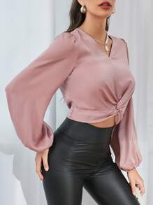 Blusa de manga farol girante delantero corto de satén - Rosa vieja - Ver 3