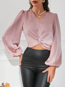 Blusa de manga farol girante delantero corto de satén - Rosa vieja - Ver 5