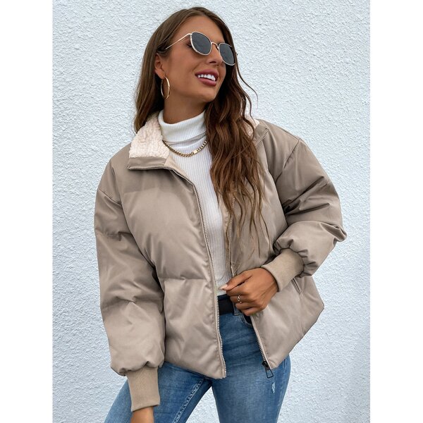 

Borg Collar Drop Shoulder Puffer Coat, Khaki