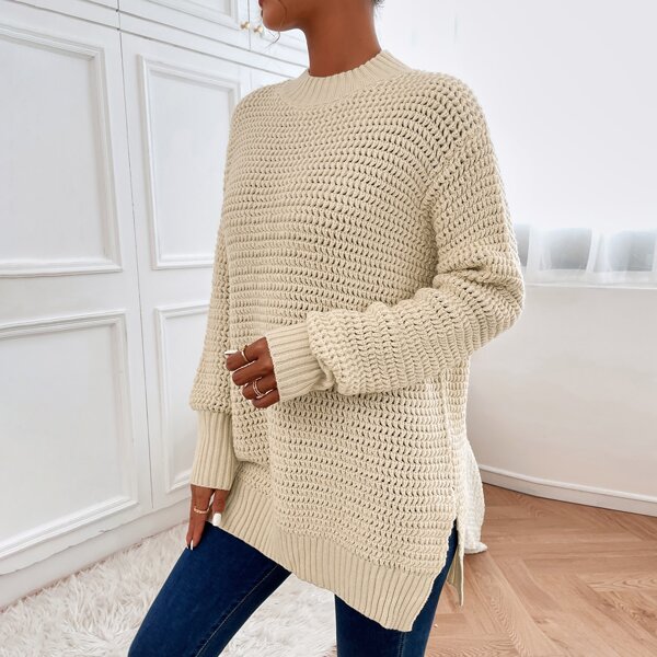 

Split Hem Drop Shoulder Sweater, Beige