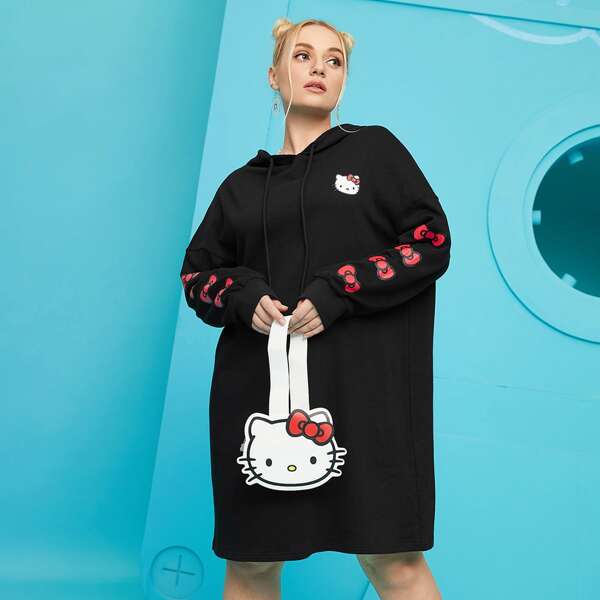 

Plus Hello Kitty Print Drawstring Hoodie Dress, Black