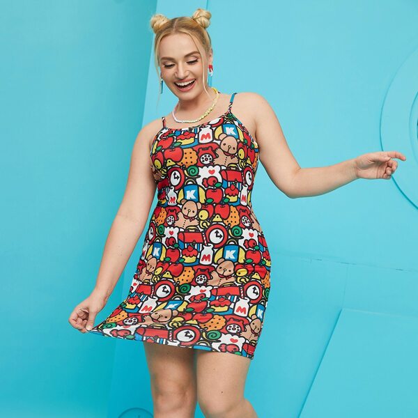 

Plus Cartoon Graphic Cami Bodycon Dress, Multicolor