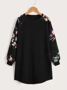 SHEIN Niñas Vestido floral panel de manga raglán - Negro - Ver 1