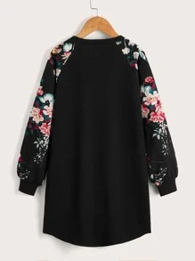 SHEIN Niñas Vestido floral panel de manga raglán - Negro - Ver 2