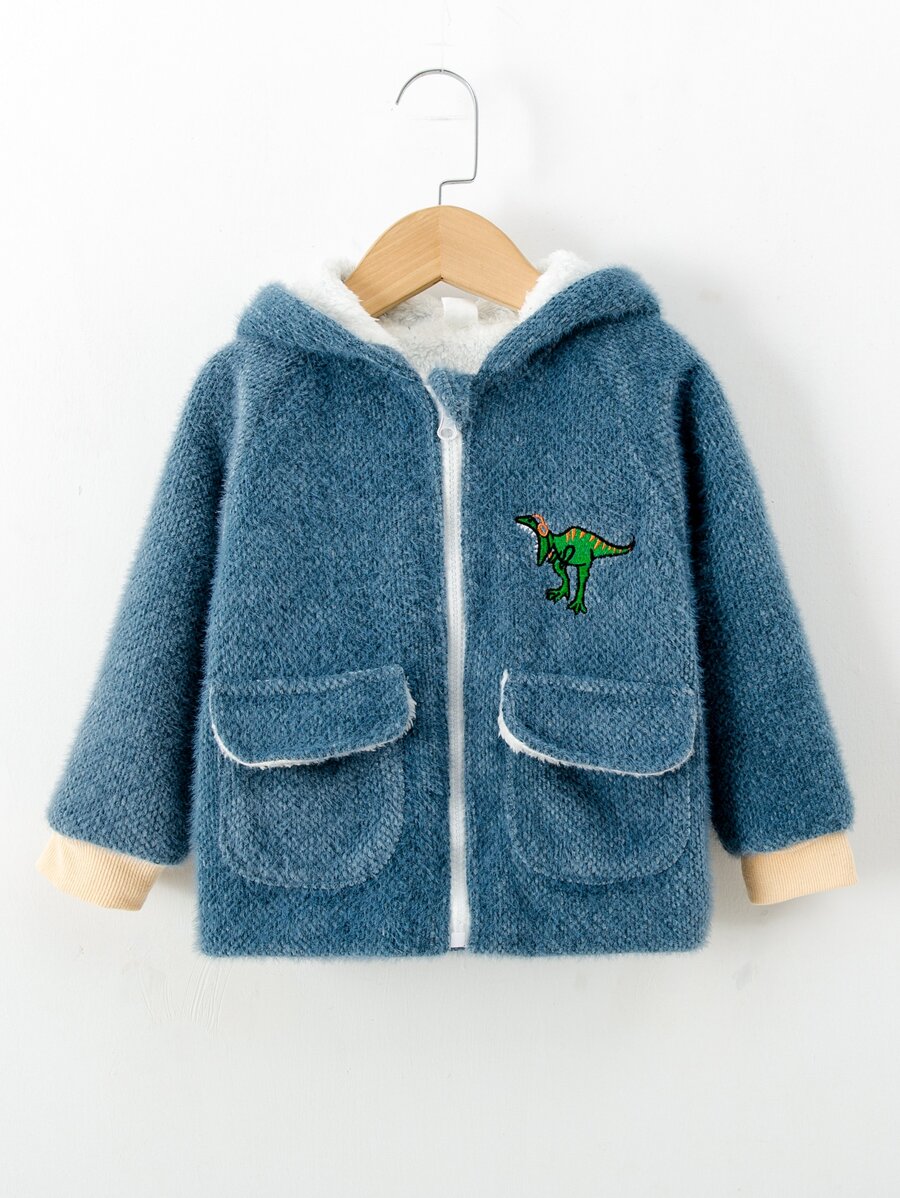 SHEIN 小男童恐龍刺繡翻蓋口袋絨毛內襯連帽粗花呢花呢外套 - 霧霾藍 - 查看 1