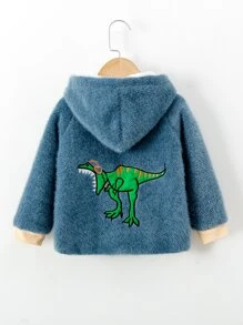 SHEIN 小男童恐龍刺繡翻蓋口袋絨毛內襯連帽粗花呢花呢外套 - 霧霾藍 - 查看 2