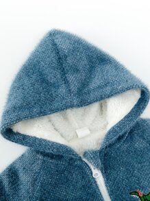 SHEIN 小男童恐龍刺繡翻蓋口袋絨毛內襯連帽粗花呢花呢外套 - 霧霾藍 - 查看 5