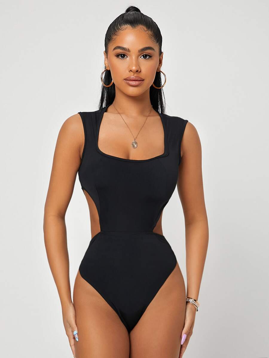 SHEIN SXY Cut Out Slim Fit Bodysuit - Black - View 1