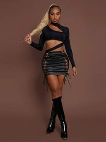 SHEIN SXY Grommet Lace Up Side Bodycon Skirt