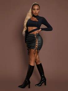 SHEIN SXY Grommet Lace Up Side Bodycon Skirt