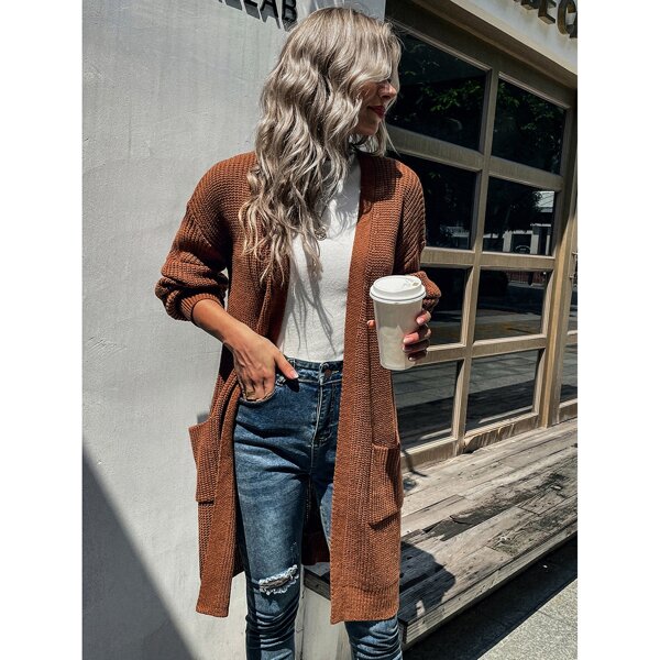 

Drop Shoulder Pocket Patched Cardigan, Coffee brown