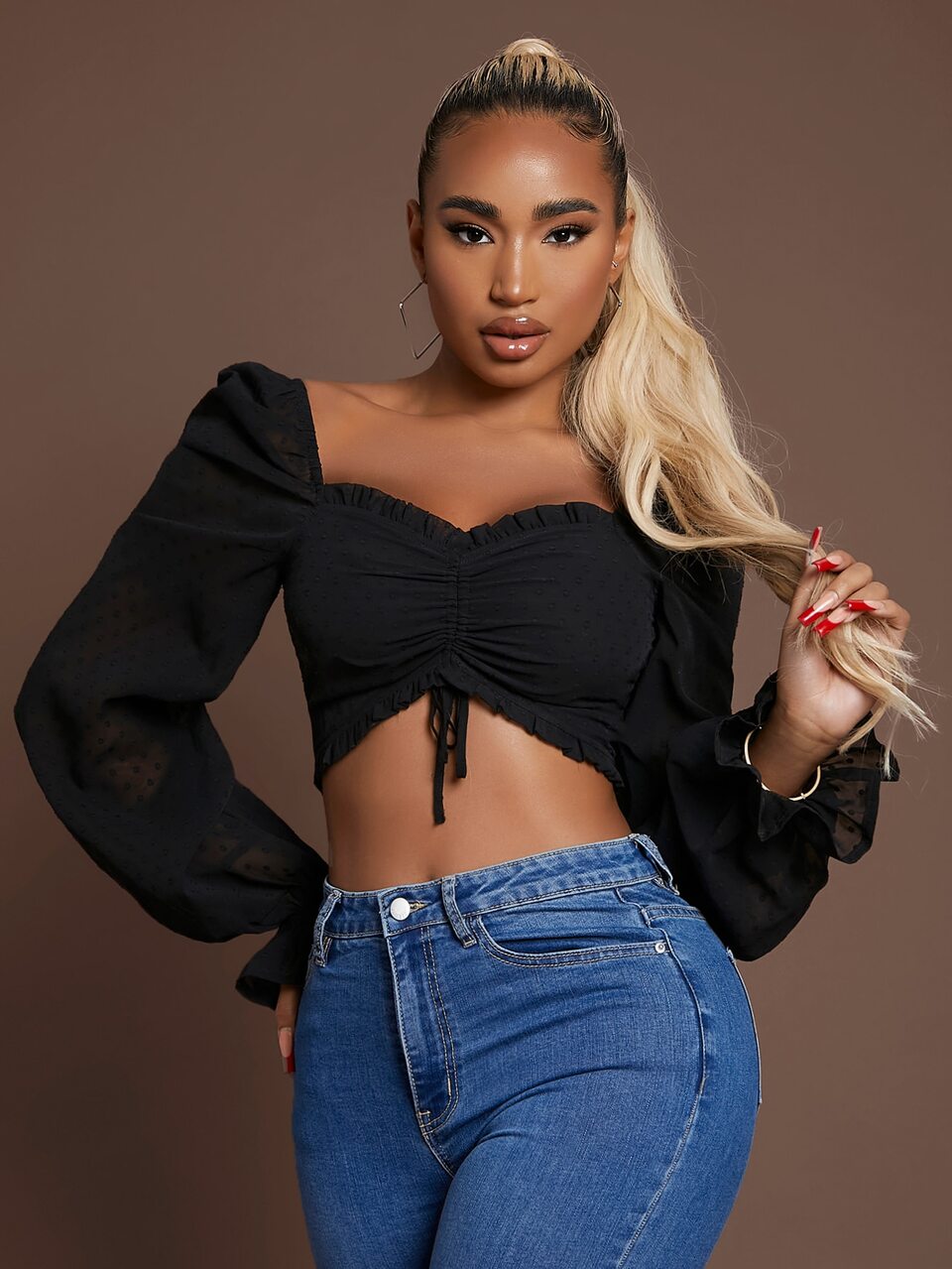 Sweetheart Neck Frill Trim Drawstring Front Flounce Sleeve Crop Top