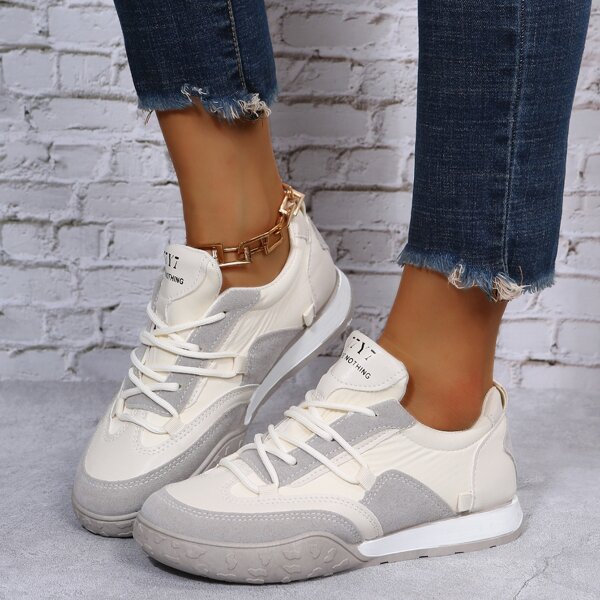 

Colorblock Letter Detail Lace-up Front Sneakers, Beige