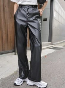 DAZY High Waist Slant Pockets PU Leather Trousers - Black - View 1