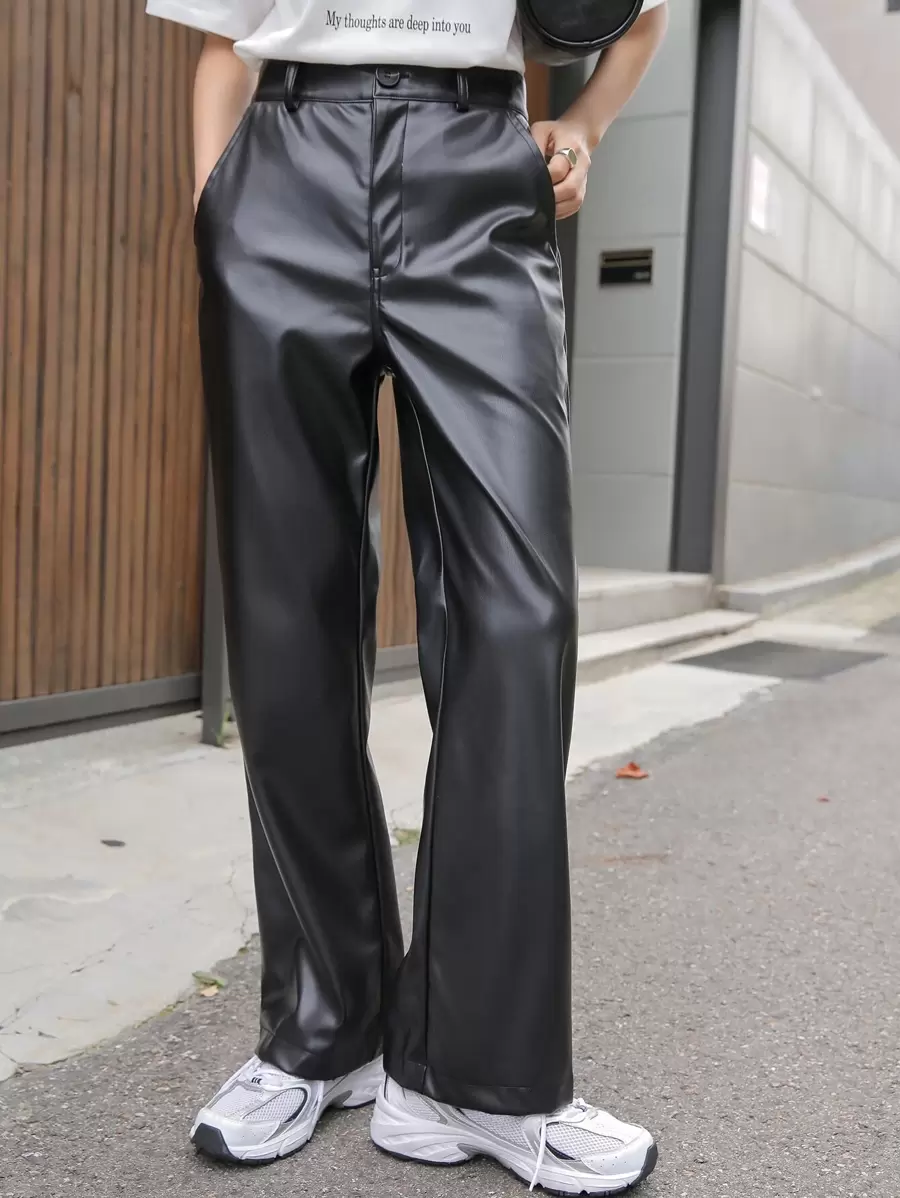 DAZY High Waist Slant Pockets PU Leather Trousers - Black - View 1