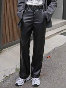 DAZY High Waist Slant Pockets PU Leather Trousers - Black - View 3