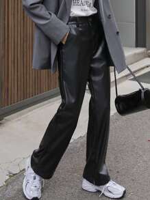 DAZY High Waist Slant Pockets PU Leather Trousers - Black - View 4