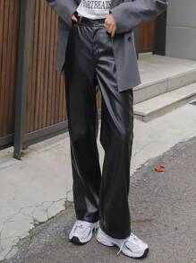 DAZY High Waist Slant Pockets PU Leather Trousers - Black - View 5