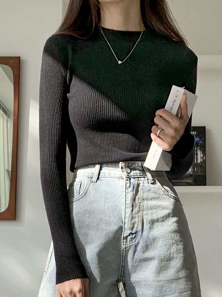 DAZY 商务休闲风格纯色立领修身毛衣、长袖上衣、秋装 - 黑色 - 查看 5