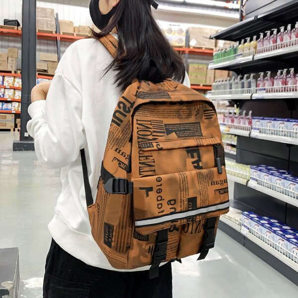 

Letter Graphic Buckle Decor Backpack, Multicolor