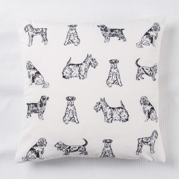 

Dog Embroidery Cushion Cover Without Filler, Black and white