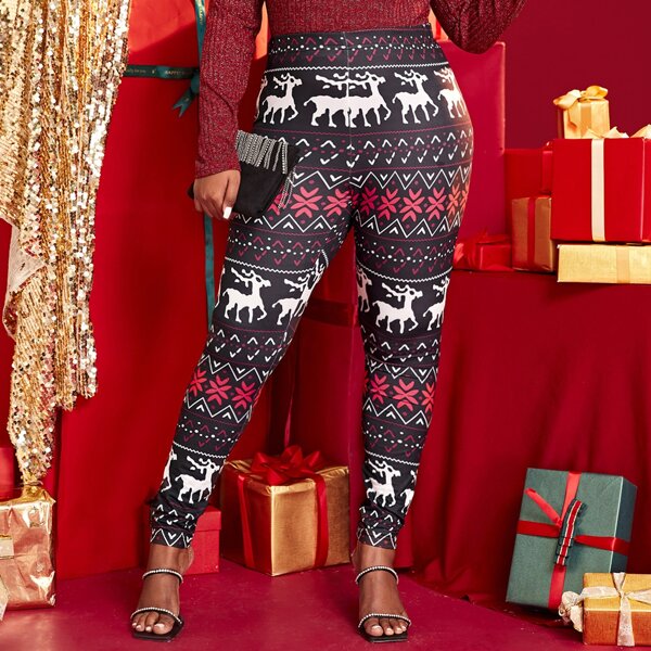 

Plus Christmas Elk & Geo Print Leggings, Multicolor