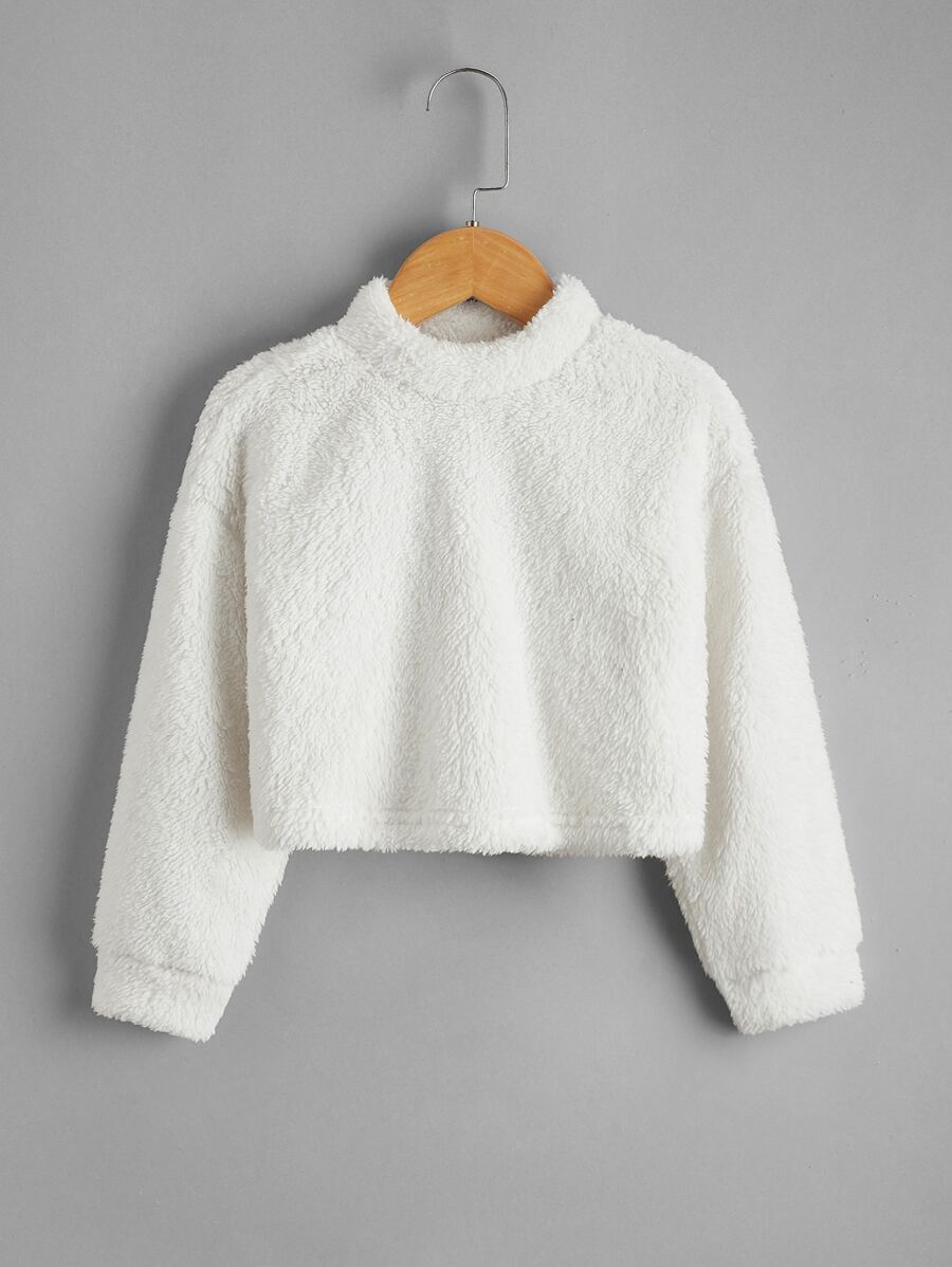 SHEIN Young Girl Solid Drop Shoulder Teddy Pullover - White - View 1