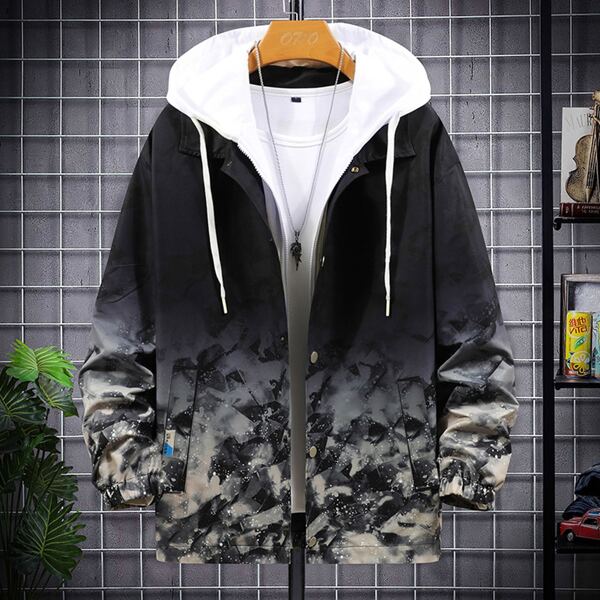 

Men Polka Dot & Graphic Print Drawstring Slant Pocket Hooded Jacket, Multicolor