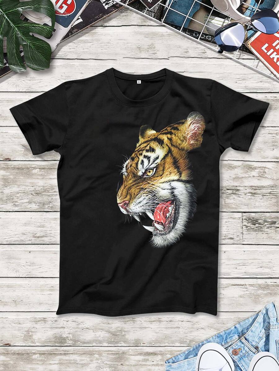 Manfinity Hombres Camiseta con estampado de tigre de manga corta - Negro - Ver 1