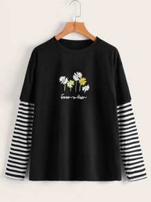 ROMWE Striped Floral & Letter Graphic Tee - Black - View 1