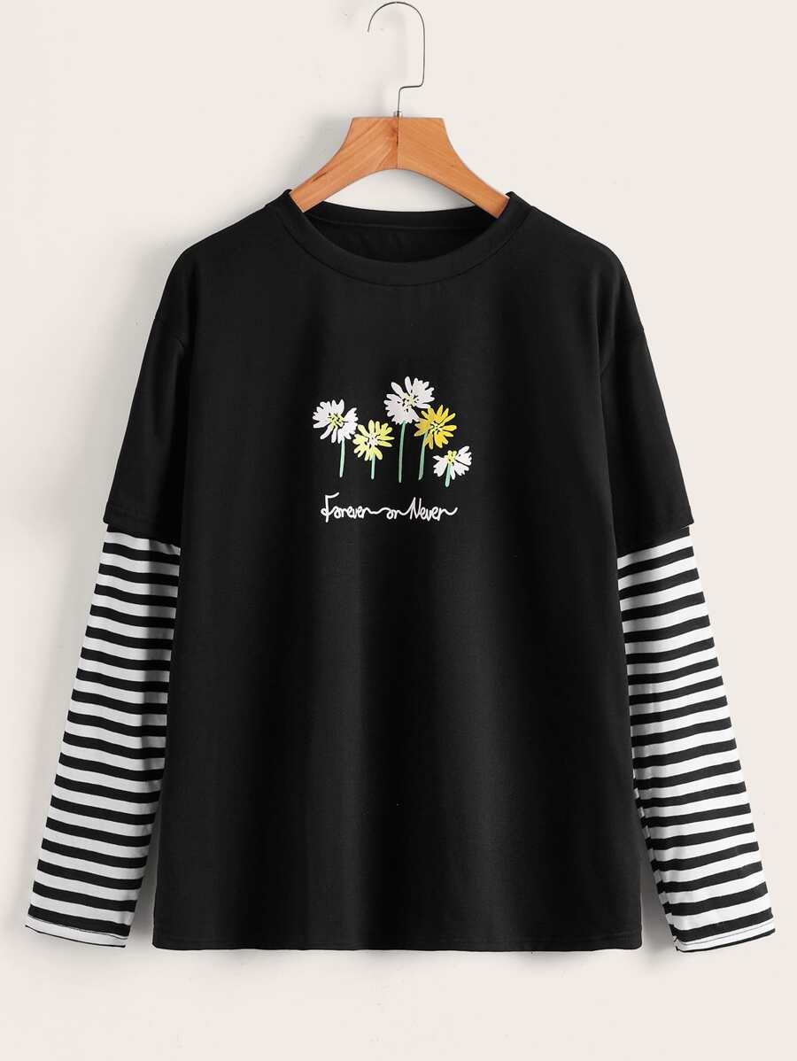 ROMWE Striped Floral & Letter Graphic Tee - Black - View 1