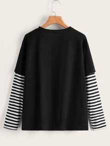 ROMWE Striped Floral & Letter Graphic Tee - Black - View 2